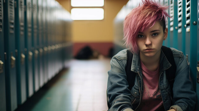 Bullying at school - Young teenager alone in a school hallway. Stress and mental problem.