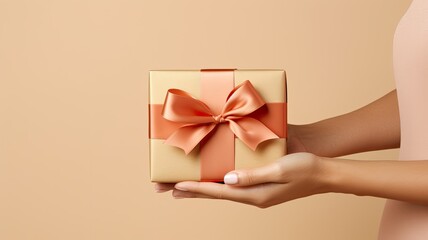 female hands delicately presenting a kraft paper gift box adorned with a satin ribbon bow. The image is set against a soft pastel background, allowing ample space for adding a personalized message.