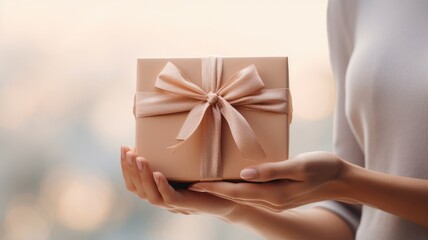 female hands delicately presenting a kraft paper gift box adorned with a satin ribbon bow. The...