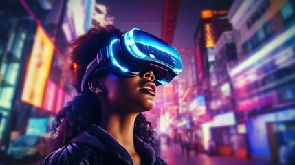 Woman with VR glasses in neon space, cyberpunk