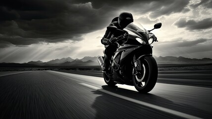 Fototapeta premium a sleek motorbike cruising down an empty, sunlit highway. The rider leans forward, fully immersed in the thrill of their motorcycle journey.