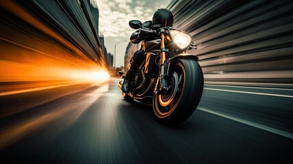 a sleek motorbike cruising down an empty, sunlit highway. The rider leans forward, fully immersed in the thrill of their motorcycle journey. - obrazy, fototapety, plakaty