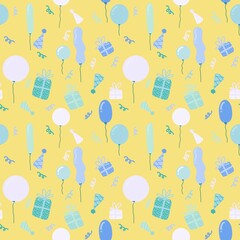 Cartoon festive seamless birthday balloons and gifts box pattern for wrapping paper and fabrics and kids clothes print