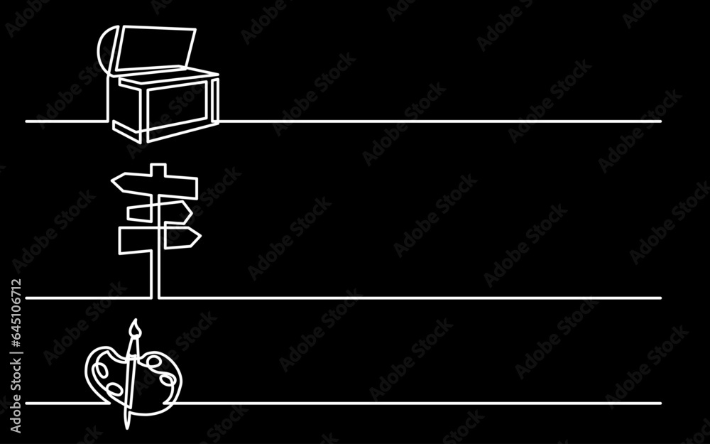 Poster continuous line drawing vector illustration with FULLY EDITABLE STROKE of business icons banner letterhead designs on black background