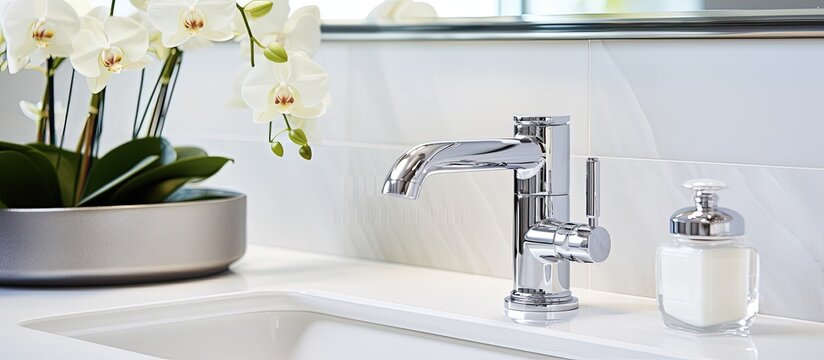 Modern bathroom featuring a sleek chrome faucet and washbasin.
