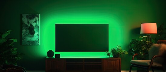 Close-up of large green-screen television in a comfortable living space.