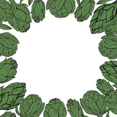 Artichoke frame template background vector illustration. Edible flower bud, healthy vegetable. Fresh hand drawn artichoke border with engraving for card, backdrop, print, packing, logo,design element