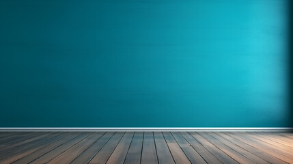 Blue turquoise empty wall background with wooden floor for the product display