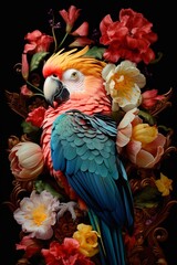 Fototapeta premium Colorful parrot surrounded by colorful flowers painting style over dark background