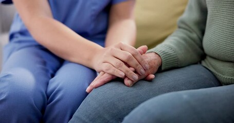 Support, hope and hands of senior woman with nurse on sofa for comfort, kindness or cancer news empathy. Homecare, trust and lady caregiver with old patient in living room with help, care or love