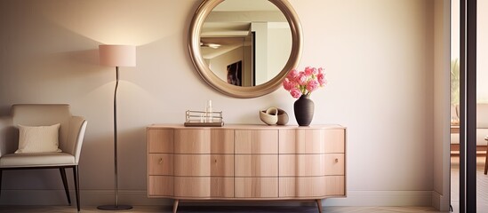 Room with chic interior, round wall mirror above dresser