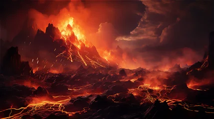 Foto op Plexiglas volcanic eruption, flames erupt from the rocks of the mountain and flowing lava, created with Generative AI Technology. © Александр Беспалый