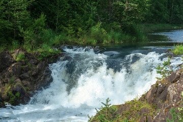 natural landscape with a clear waterfall on a forest river