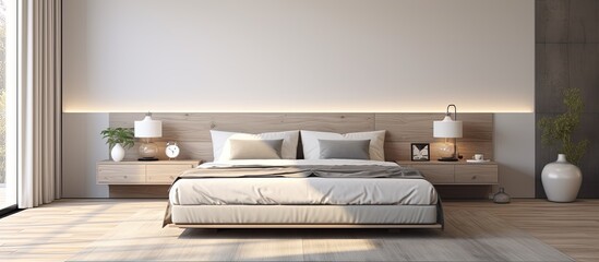 mock up of a sophisticated bedroom with minimalist design elements, including neutral gray and white walls, a white bed with twin nightstands, and a wooden floor.