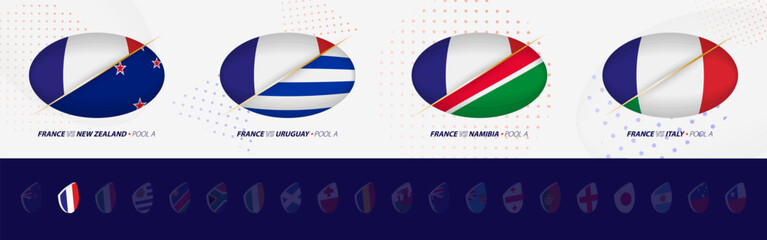 Rugby competition icons of France rugby national team, all four matches icon in pool.