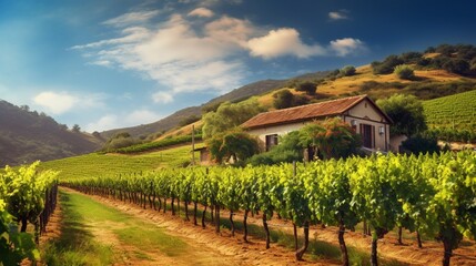 a picturesque vineyard in the summertime, with rows of grapevines heavy with ripening fruit and a...