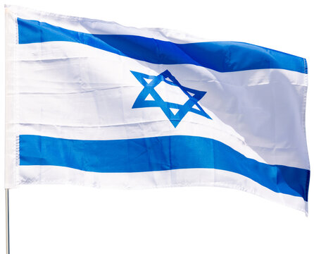 Large flag of Israel fixed on metal stick waving. Isolated over white background