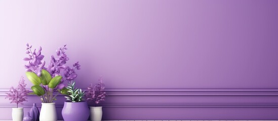 Fototapeta premium Monochromatic violet room with house plants for copy space and framing.
