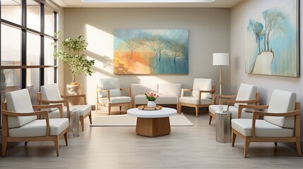 a psychiatry clinic's waiting area, emphasizing comfortable seating and artwork for a soothing atmosphere