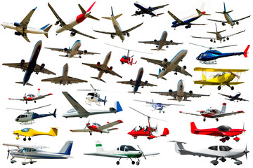 Seaplanes, airliners, gliders, light-sport airplanes isolated on white background