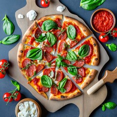 Pizza with pepperoni and basil on table with ingredients italian food