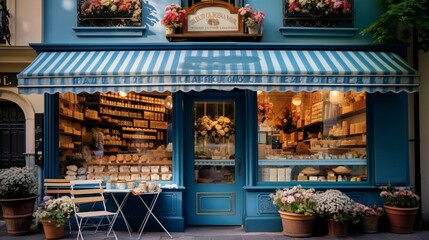 a quaint European bakery storefront, with a charming blue facade, flower boxes, and a handwritten menu board showcasing daily delights