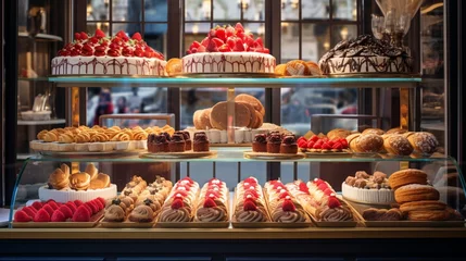 Foto op Canvas a quaint European pastry shop, with an array of tarts, éclairs, and fruit danishes, presented in an elegant display case © ra0