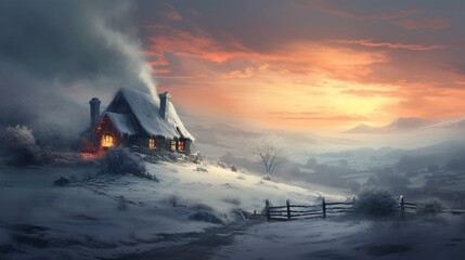 a quaint winter cottage with a thatched roof, nestled in a snowy countryside, and smoke rising from the chimney into the crisp winter sky