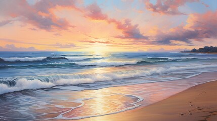 a radiant sunrise over a tranquil beach, with gentle waves lapping the shore and pastel hues painting the sky with a sense of serenity