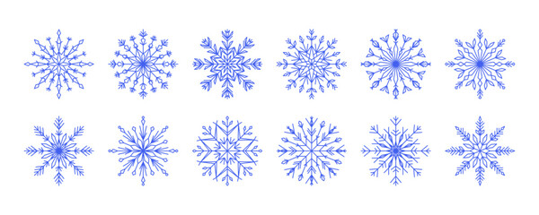 Fototapeta na wymiar Blue snowflake icons set, winter vector illustration. Collection line art snowflakes, crystal ornament. Design element for new year, christmas cards. Outline snow flakes for winter design, decor.
