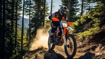 Racing Through the Mountain and Forest on a High-Speed Motocross Dirt Bike