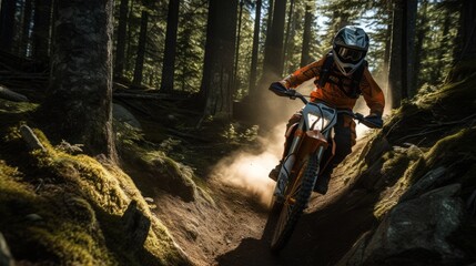 Racing Through the Mountain and Forest on a High-Speed Motocross Dirt Bike