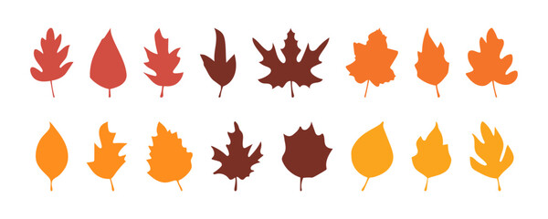 Set of vector autumn leaves, herbal elements. Collection of fall simple orange leaves. Orange silhouettes of autumn botanical flat isolated leaves for design. Can be used as sign, symbol, icon or logo