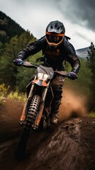 Extreme Sports in Nature:a person riding a orange motorcycle in the forest.