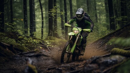 Extreme Sports in Nature: a pilot riding a green motorcycle in the forest. 