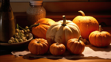 Pumpkin on a surface in a antique kitchen