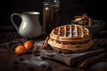 Freshly baked belgian waffles with a cup of hot coffee on restaurant table