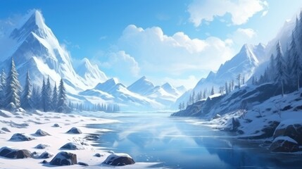 Fototapeta premium Beautiful mountainous landscape, between a frozen lake and vegetation game art