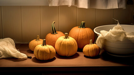 Pumpkin on a surface in a antique laundry room