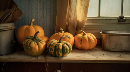 Pumpkin on a surface in a antique utility room