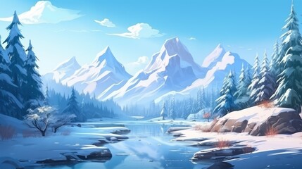 Beautiful mountainous landscape, between a frozen lake and vegetation game art