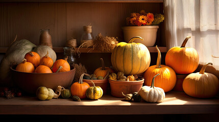 Pumpkin on a surface in a antique pantry