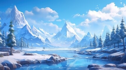 Beautiful mountainous landscape, between a frozen lake and vegetation game art