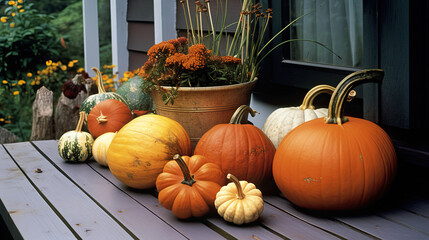 Pumpkin on a surface in a antique porch