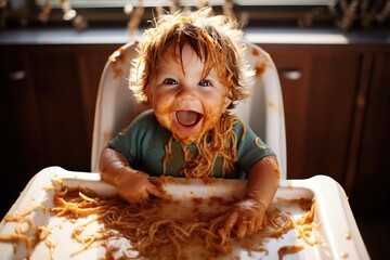 Overhead view of a baby making a mess with his food. Spaghetti all over his face - obrazy, fototapety, plakaty