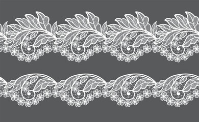 Seamless floral background with white lace leaves.Vector white lace branches with flowers - obrazy, fototapety, plakaty