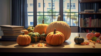 Pumpkin on a surface in a modern study