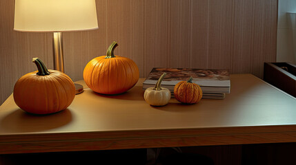 Pumpkin on a surface in a modern study