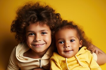 Brother and little sister together in a yellow background