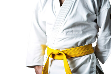 Man in a judo suit with yellow belt isolated on white background. Generative AI